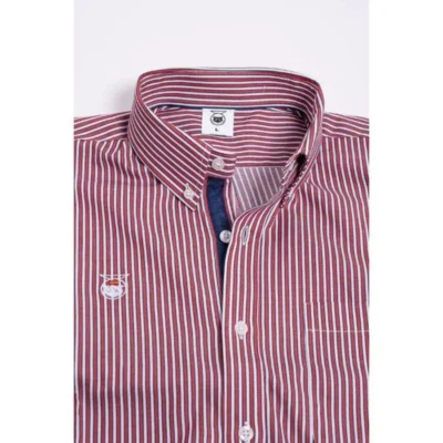 Camisa hombre rayas rubís con bolsillo y carcasa en azul marino. Fabricado en tejido de algodón 100%, cuello abotonado, fibras naturales