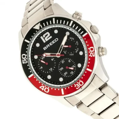 Reloj de pulsera cronógrafo hombre negro y rojo con esfera negra.