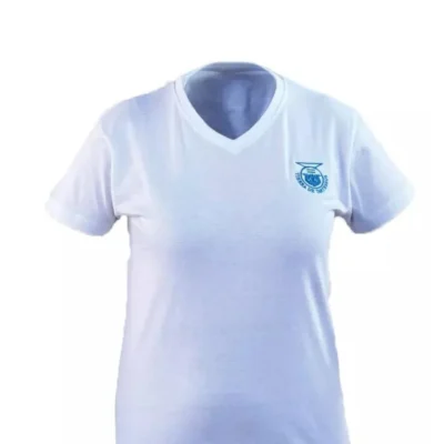 Camiseta mujer cuello pico blanca con el logo de la marca de moda Tierra de Tartessos en azul