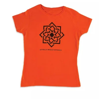 Camiseta unisex manga corta naranja impresa con el símbolo de la estrella mágica de la civilización de Tartessos.