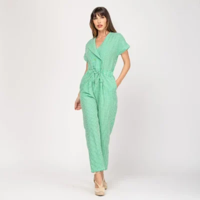 Mono con cintura fruncida vichy verde Tierra de Tartessos